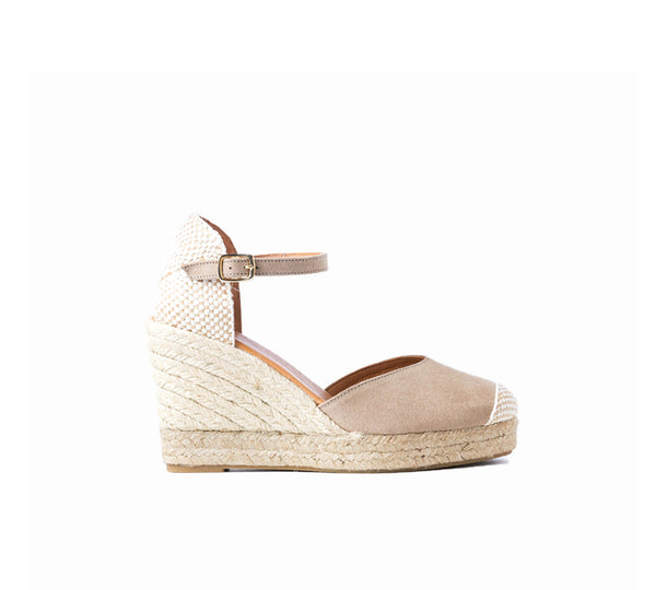 Jimena knitted Toe Taupe High Wedge Strap