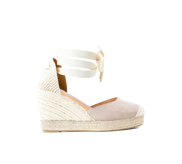 Jimena Knitted Toe Taupe High Wedge Laces